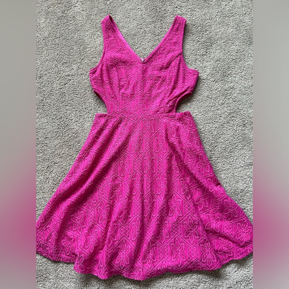 Francesa’s hot pink lace skater dress with side cut outs. Size small